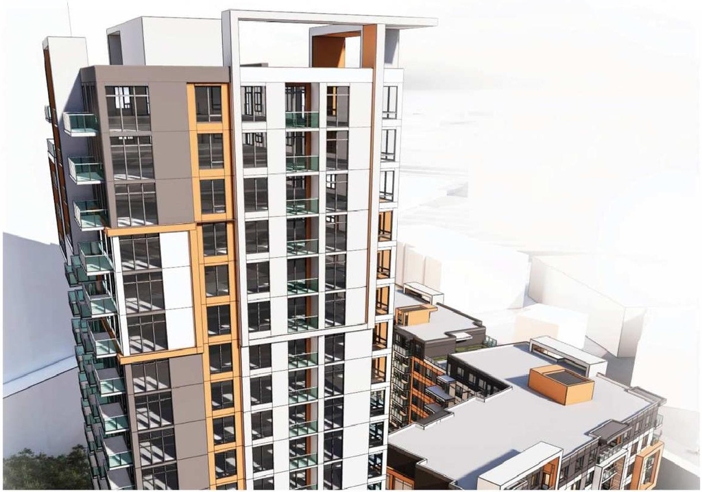Rendering of building from page 8 of the file '2023-09-28 - Design Brief - D07-12-21-0214'