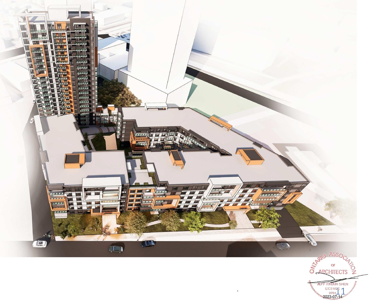 Rendering of building from page 12 of the file '2023-09-28 - Design Brief - D07-12-21-0214'