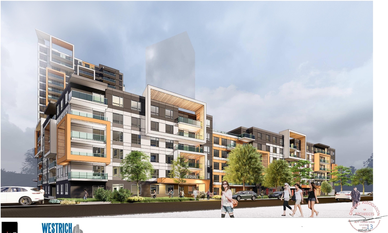 Rendering of building from page 14 of the file '2023-09-28 - Design Brief - D07-12-21-0214'