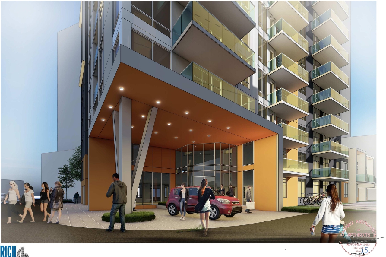 Rendering of building from page 16 of the file '2023-09-28 - Design Brief - D07-12-21-0214'