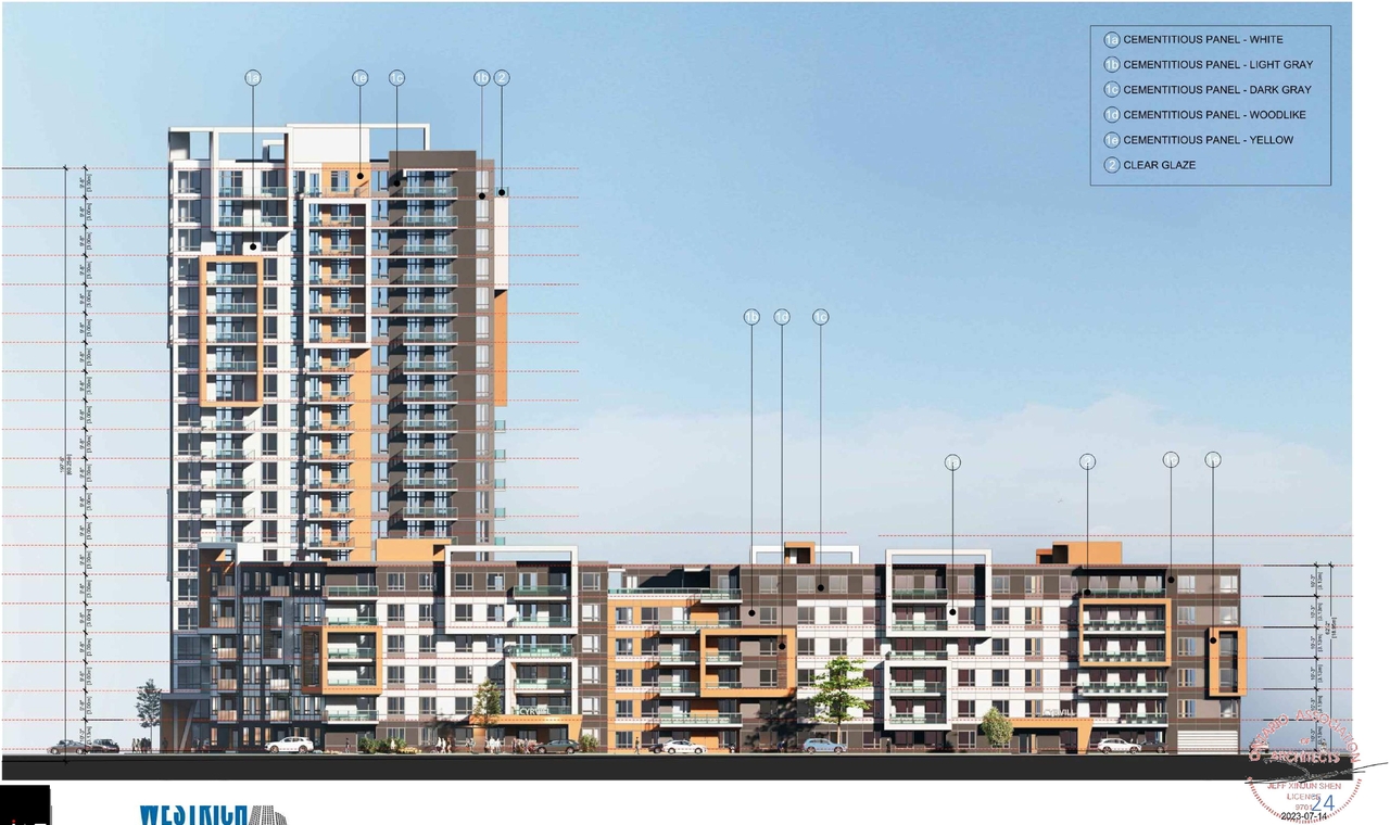 Rendering of building from page 25 of the file '2023-09-28 - Design Brief - D07-12-21-0214'