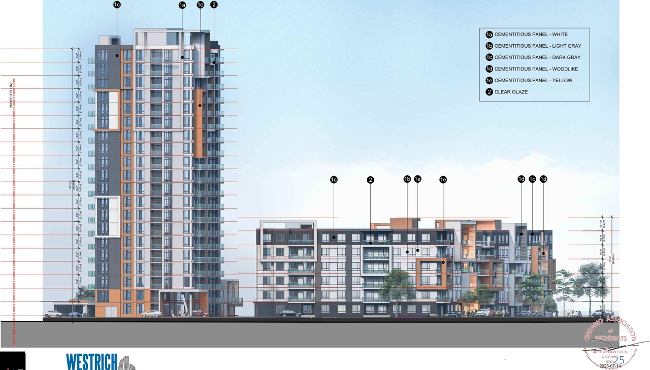 Rendering of building from page 26 of the file '2023-09-28 - Design Brief - D07-12-21-0214'