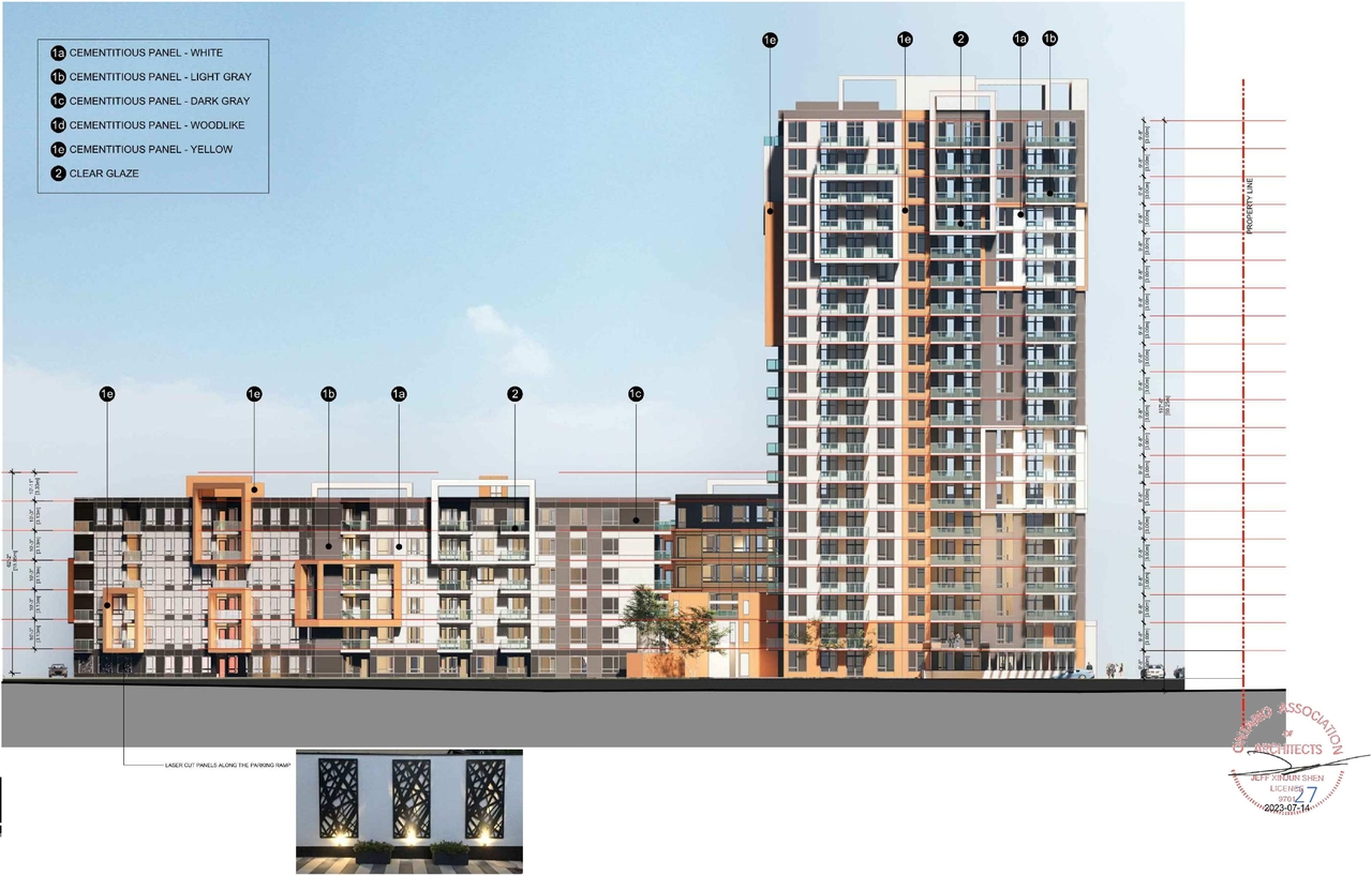 Rendering of building from page 28 of the file '2023-09-28 - Design Brief - D07-12-21-0214'
