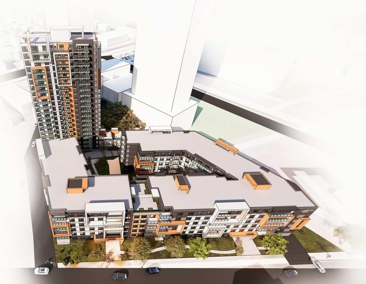 Rendering of building from page 7 of the file '2023-09-28 - Design Brief - D07-12-21-0214'