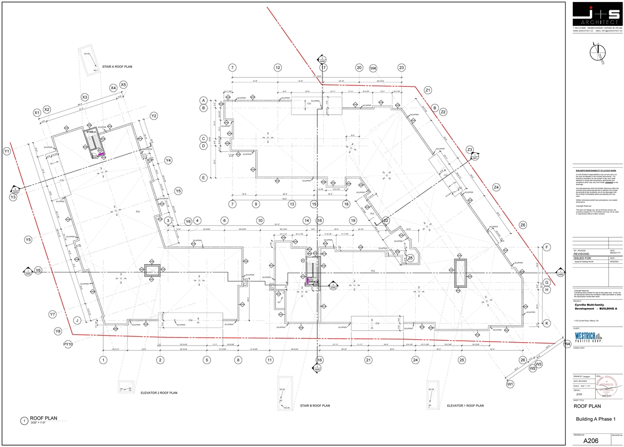 Construction site plan for project from page 3 of the file '2024-07-02 - Roof and Floor Plans - Building A Phase 1 - D07-12-21-0214'