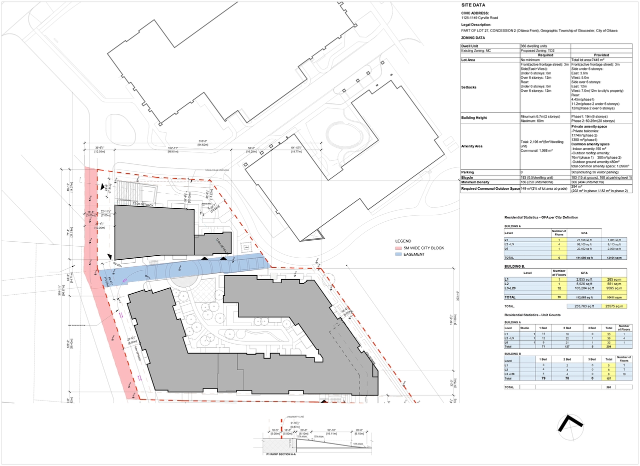 Construction site plan for project from page 1 of the file '2023-09-28 - Floor, Elevation and View Plans - D07-12-21-0214'