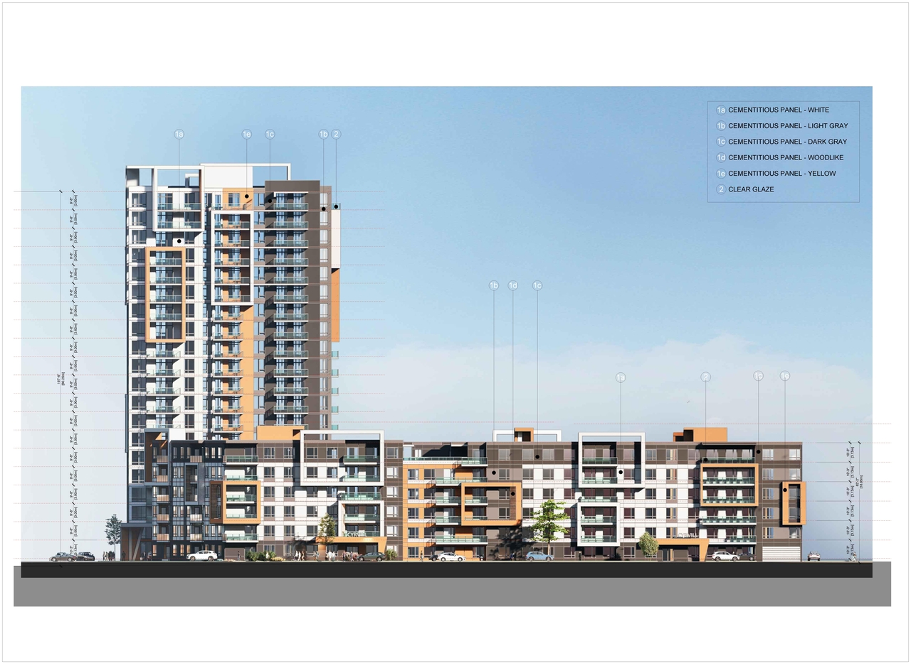 Rendering of building from page 10 of the file '2023-09-28 - Floor, Elevation and View Plans - D07-12-21-0214'