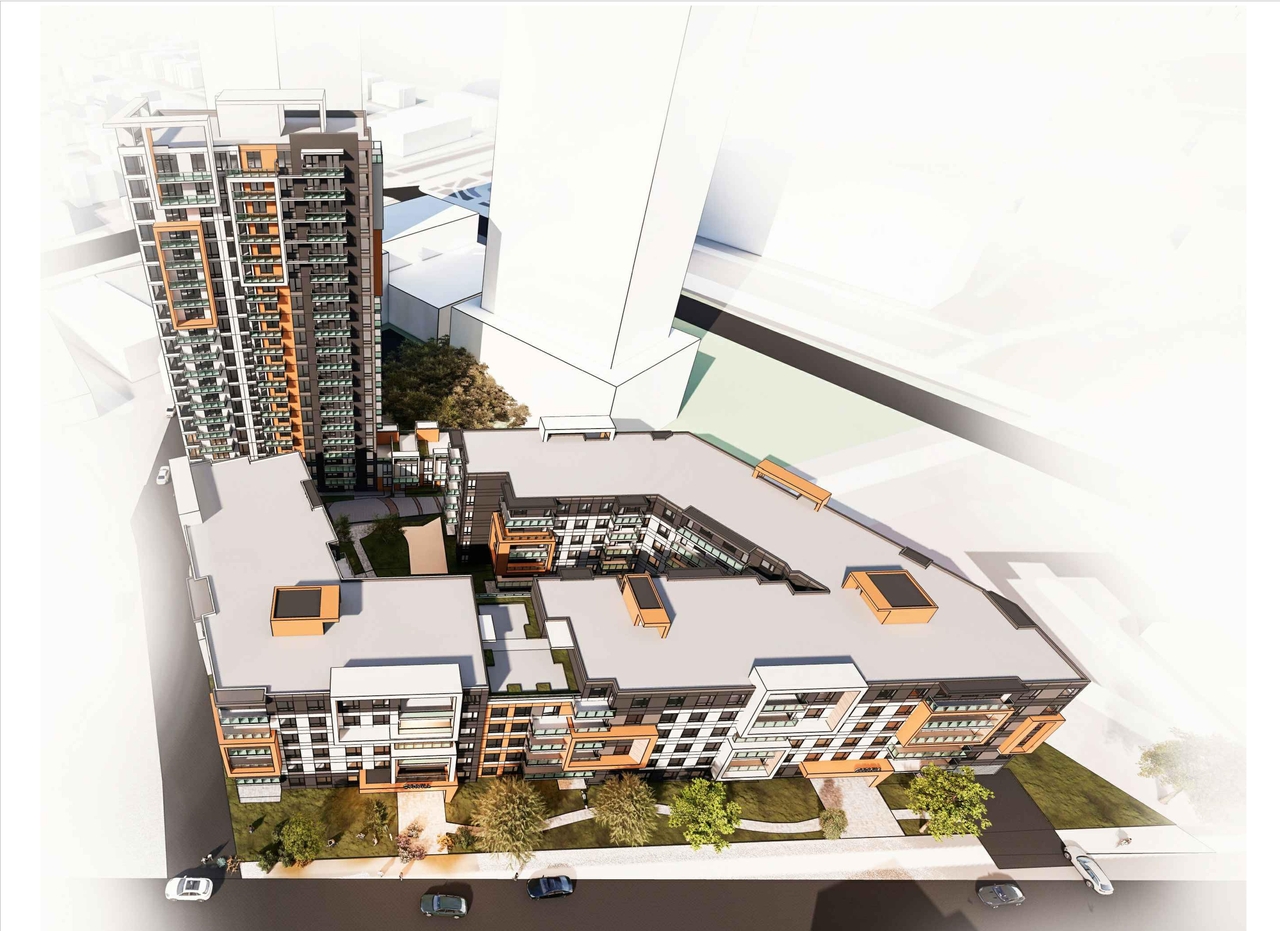 Rendering of building from page 17 of the file '2023-09-28 - Floor, Elevation and View Plans - D07-12-21-0214'