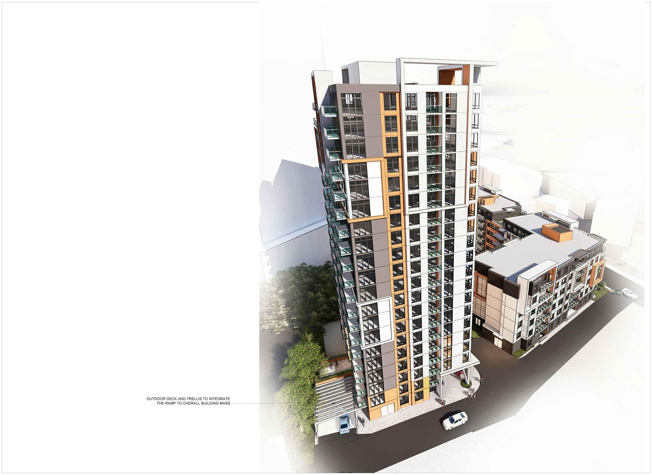 Rendering of building from page 19 of the file '2023-09-28 - Floor, Elevation and View Plans - D07-12-21-0214'