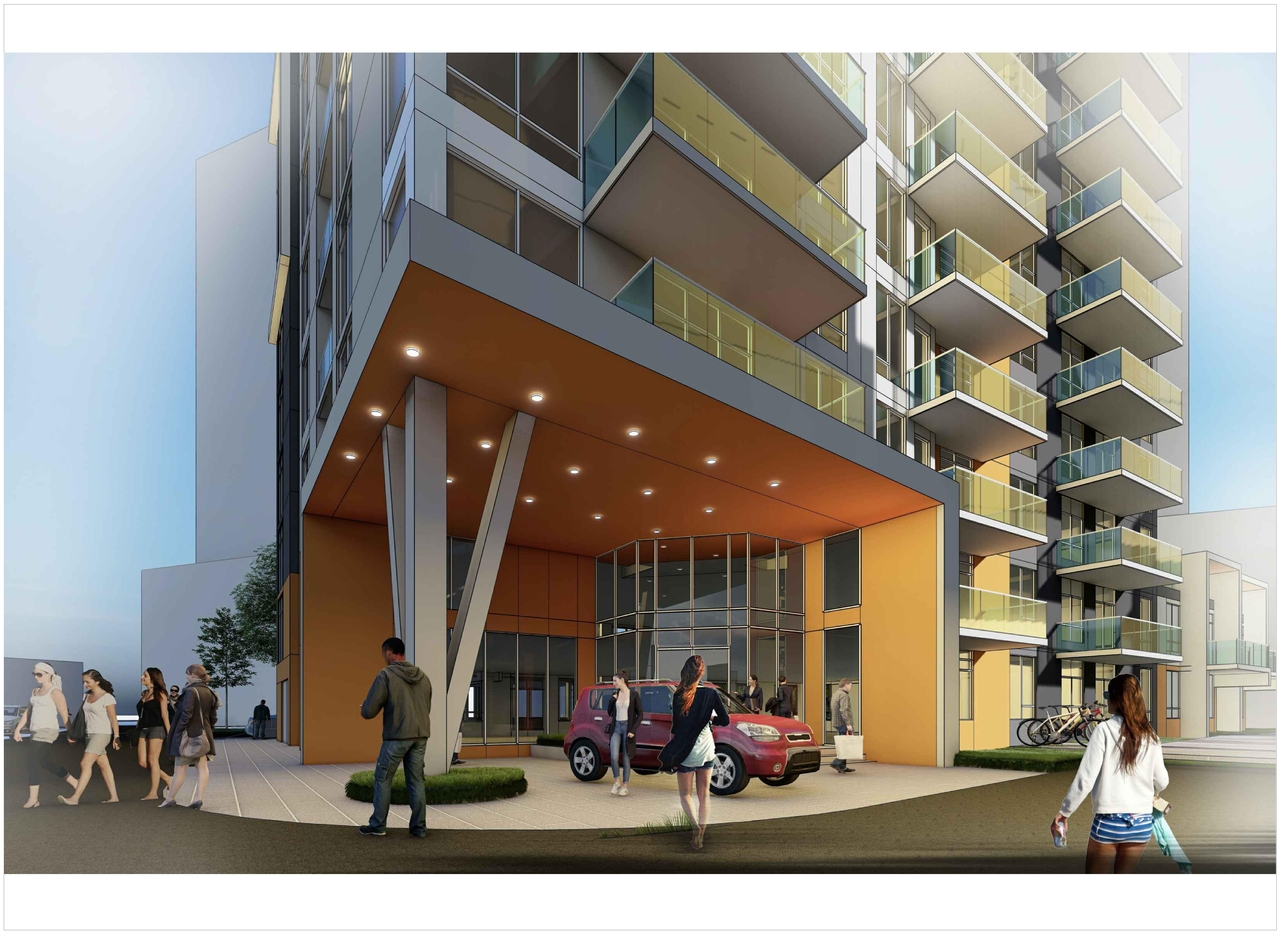 Rendering of building from page 20 of the file '2023-09-28 - Floor, Elevation and View Plans - D07-12-21-0214'