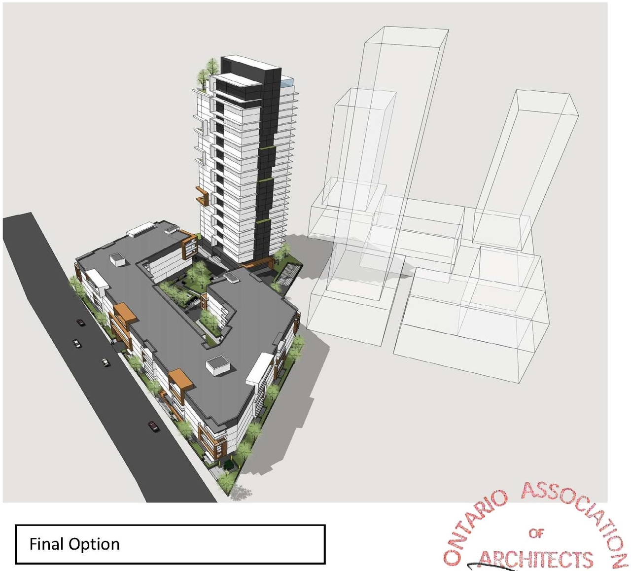 Rendering of building from page 4 of the file '2023-05-15 - Design Brief -D07-12-21-0214'