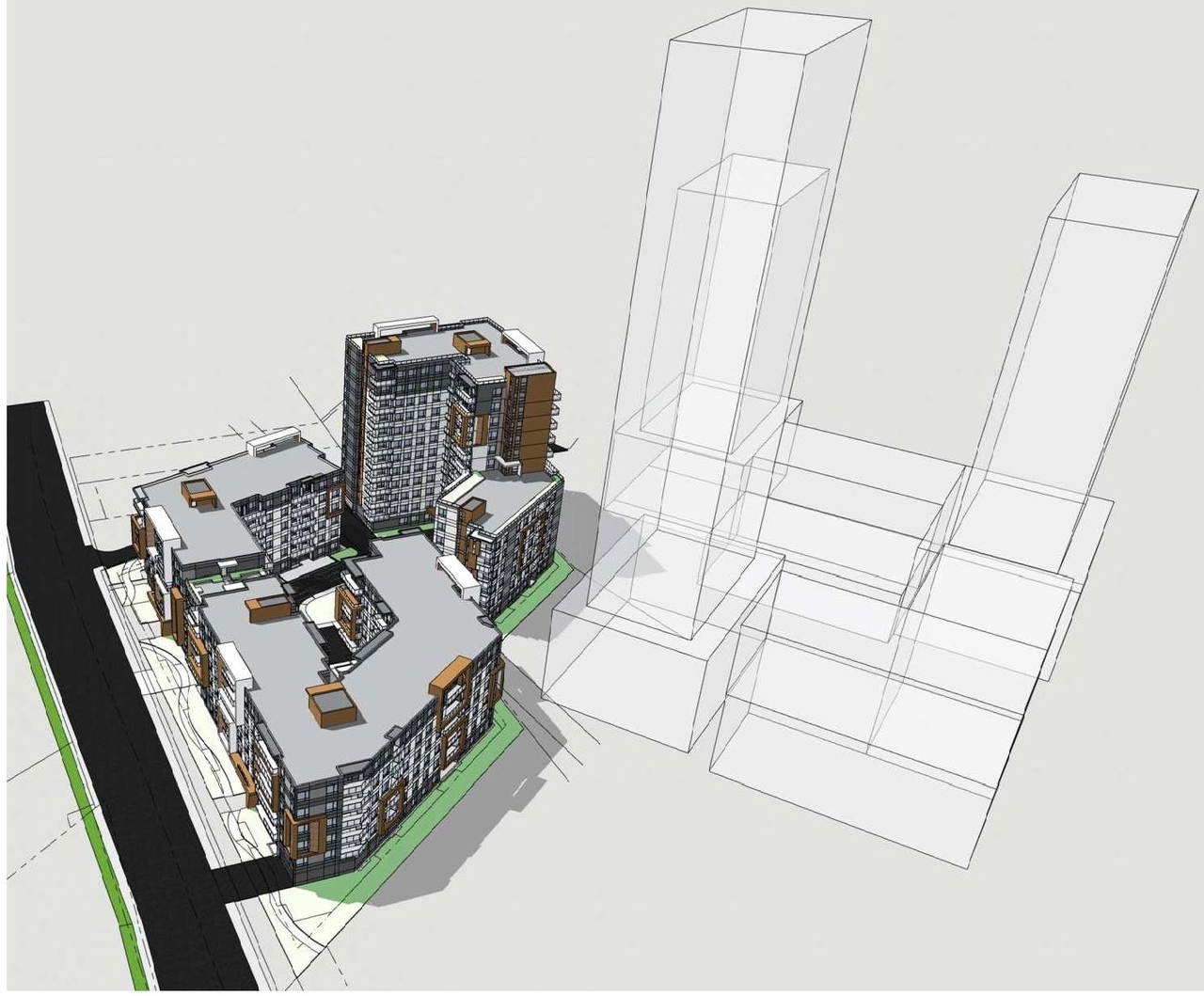 Rendering of building from page 4 of the file '2023-05-15 - Design Brief -D07-12-21-0214'
