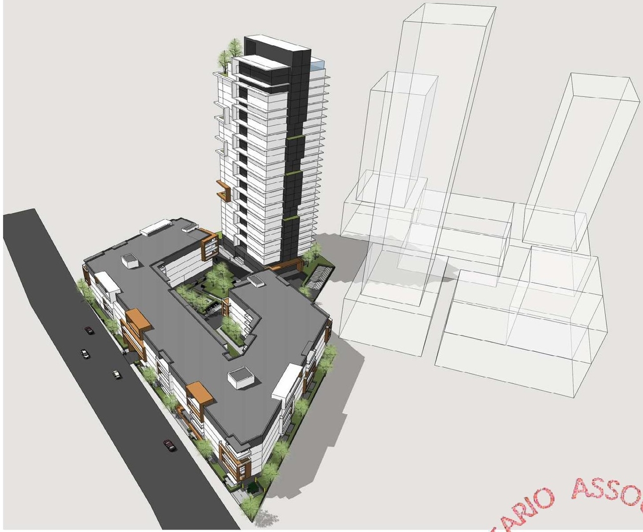 Rendering of building from page 5 of the file '2023-05-15 - Design Brief -D07-12-21-0214'