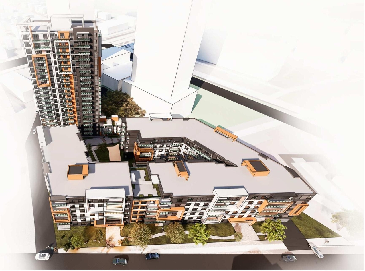 Rendering of building from page 7 of the file '2023-05-15 - Design Brief -D07-12-21-0214'
