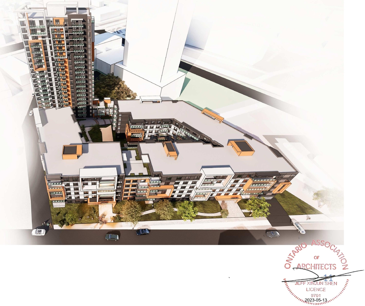Rendering of building from page 12 of the file '2023-05-15 - Design Brief -D07-12-21-0214'