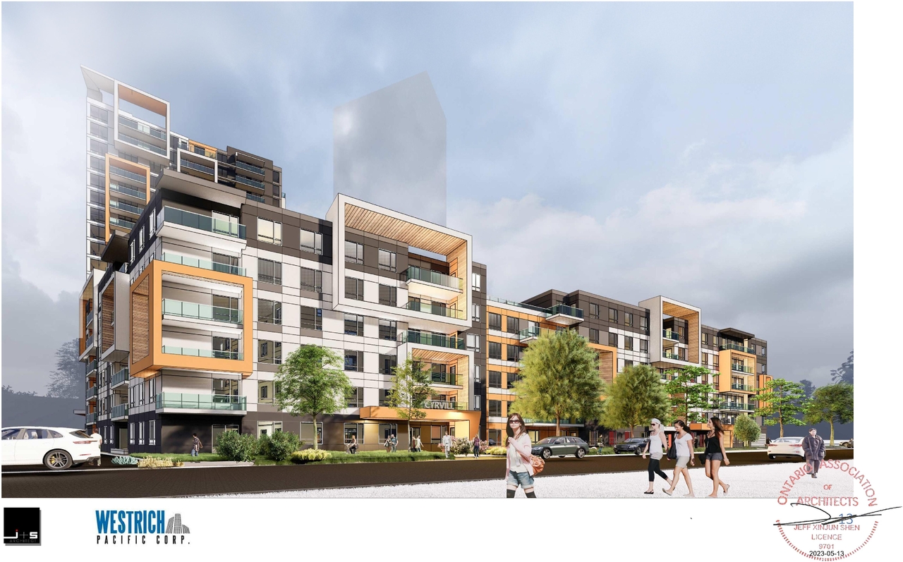 Rendering of building from page 14 of the file '2023-05-15 - Design Brief -D07-12-21-0214'