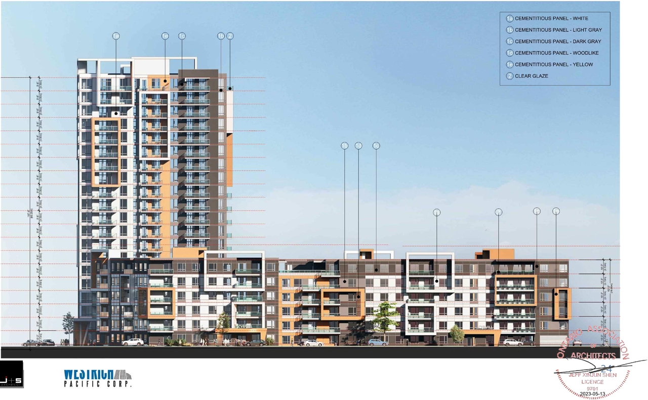 Rendering of building from page 25 of the file '2023-05-15 - Design Brief -D07-12-21-0214'
