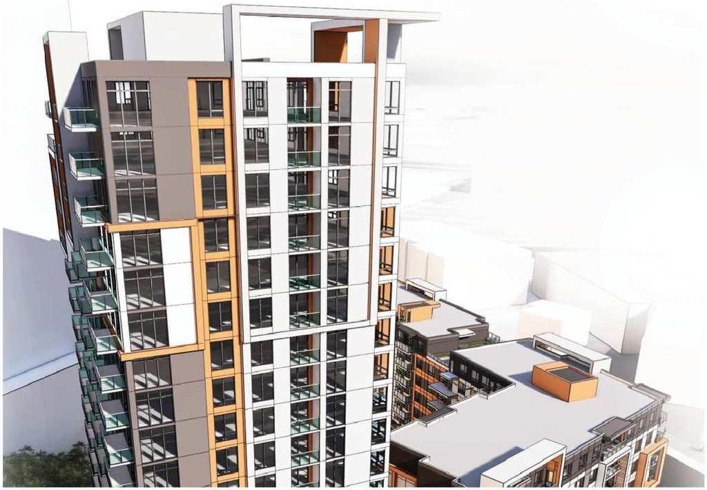 Rendering of building from page 8 of the file '2023-03-23 - Design Brief - D07-12-21-0214'