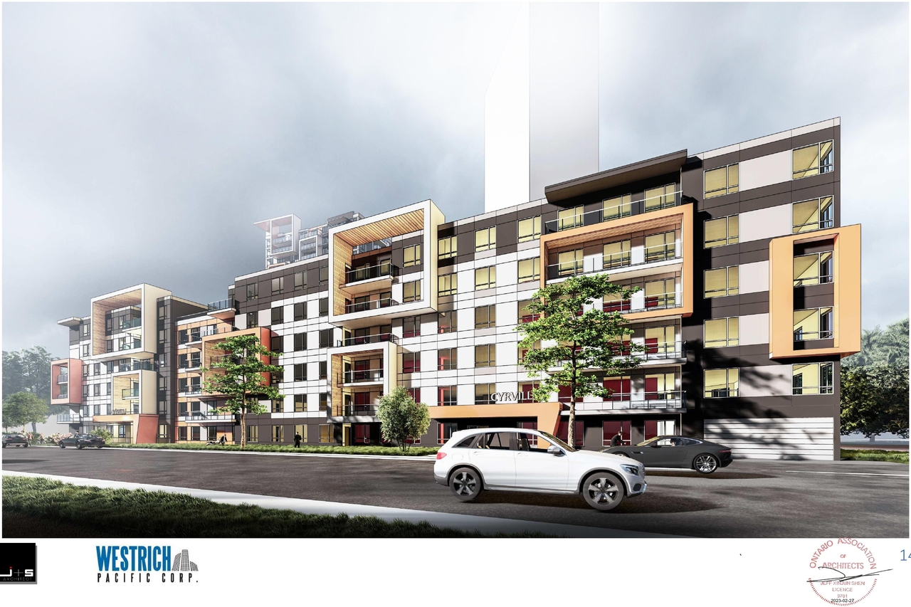 Rendering of building from page 15 of the file '2023-03-23 - Design Brief - D07-12-21-0214'