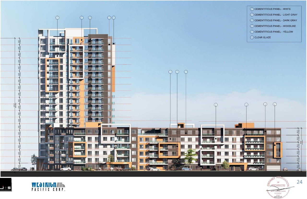Rendering of building from page 25 of the file '2023-03-23 - Design Brief - D07-12-21-0214'