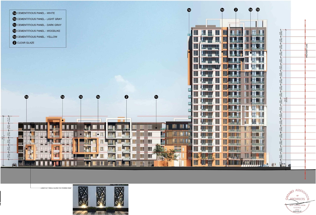 Rendering of building from page 28 of the file '2023-03-23 - Design Brief - D07-12-21-0214'