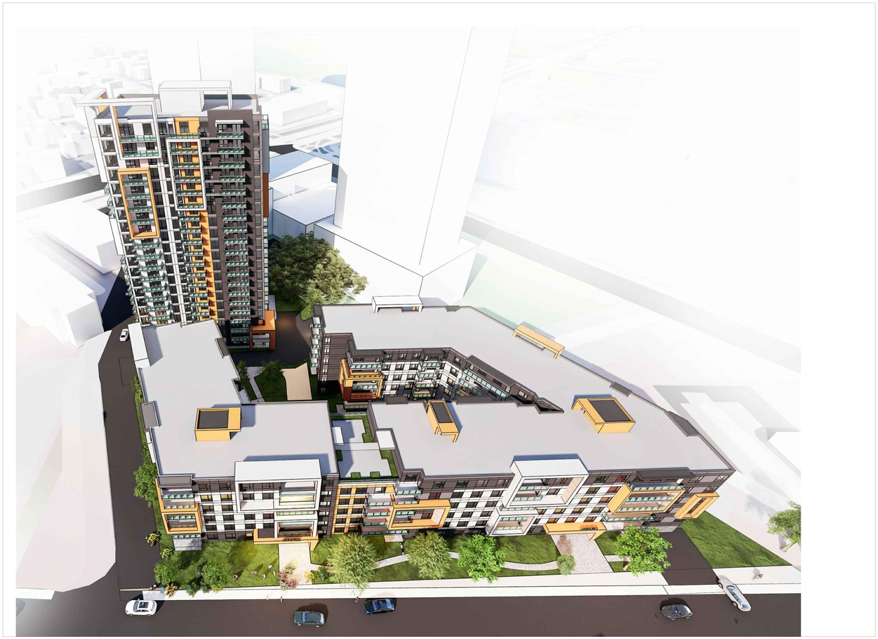 Rendering of building from page 1 of the file '2022-12-05 -Aerial Views Sheet A53 - D07-12-21-0214'