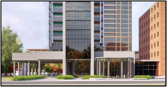 Rendering of building from page 9 of the file '2022-10-03 - Urban Design Brief - D07-12-21-0216'