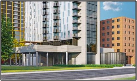 Rendering of building from page 9 of the file '2022-10-03 - Urban Design Brief - D07-12-21-0216'