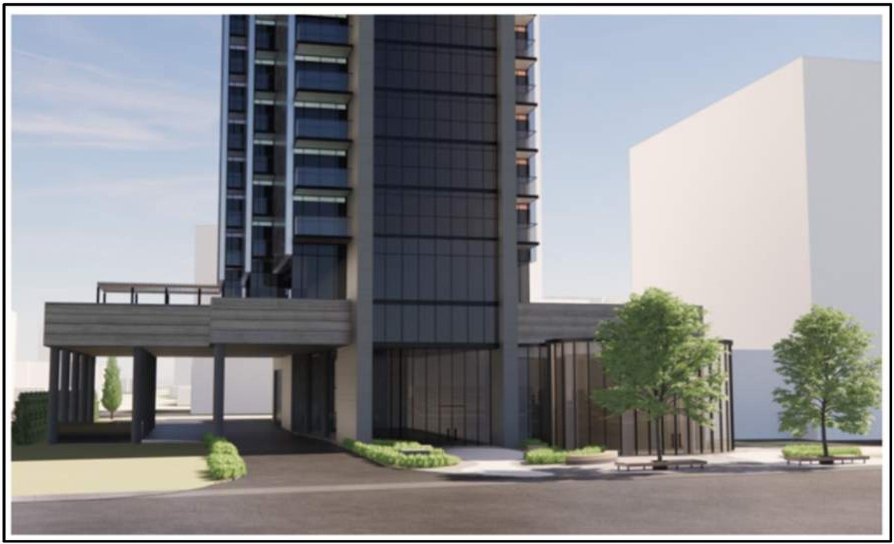Rendering of building from page 24 of the file '2022-10-03 - Urban Design Brief - D07-12-21-0216'