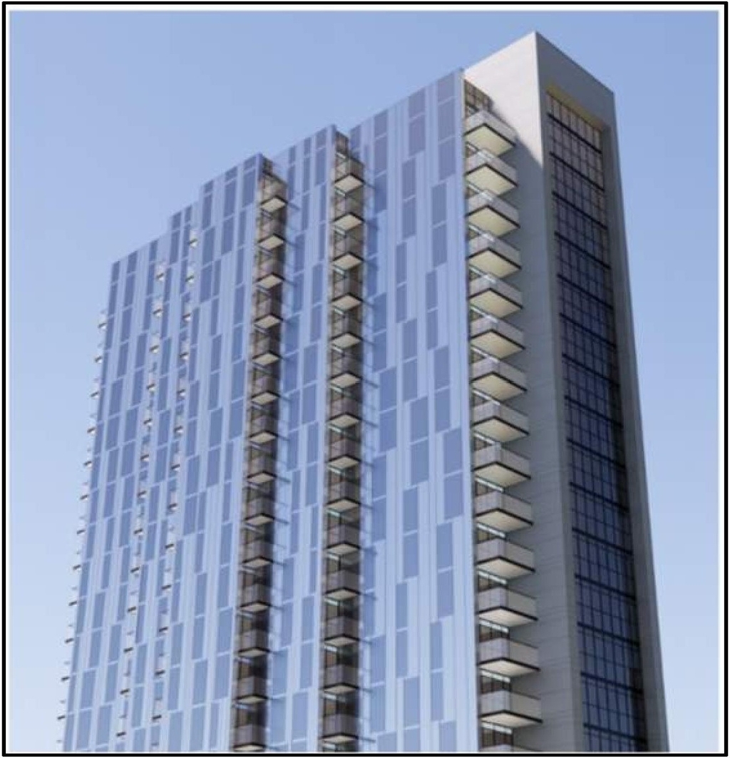 Rendering of building from page 26 of the file '2022-10-03 - Urban Design Brief - D07-12-21-0216'