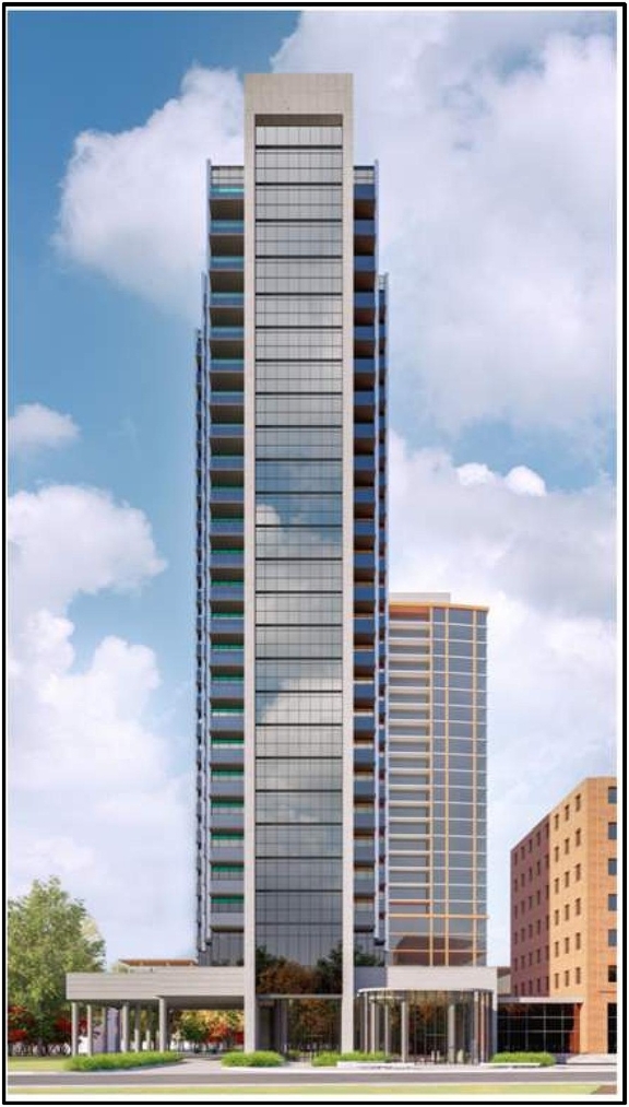 Rendering of building from page 27 of the file '2022-10-03 - Urban Design Brief - D07-12-21-0216'