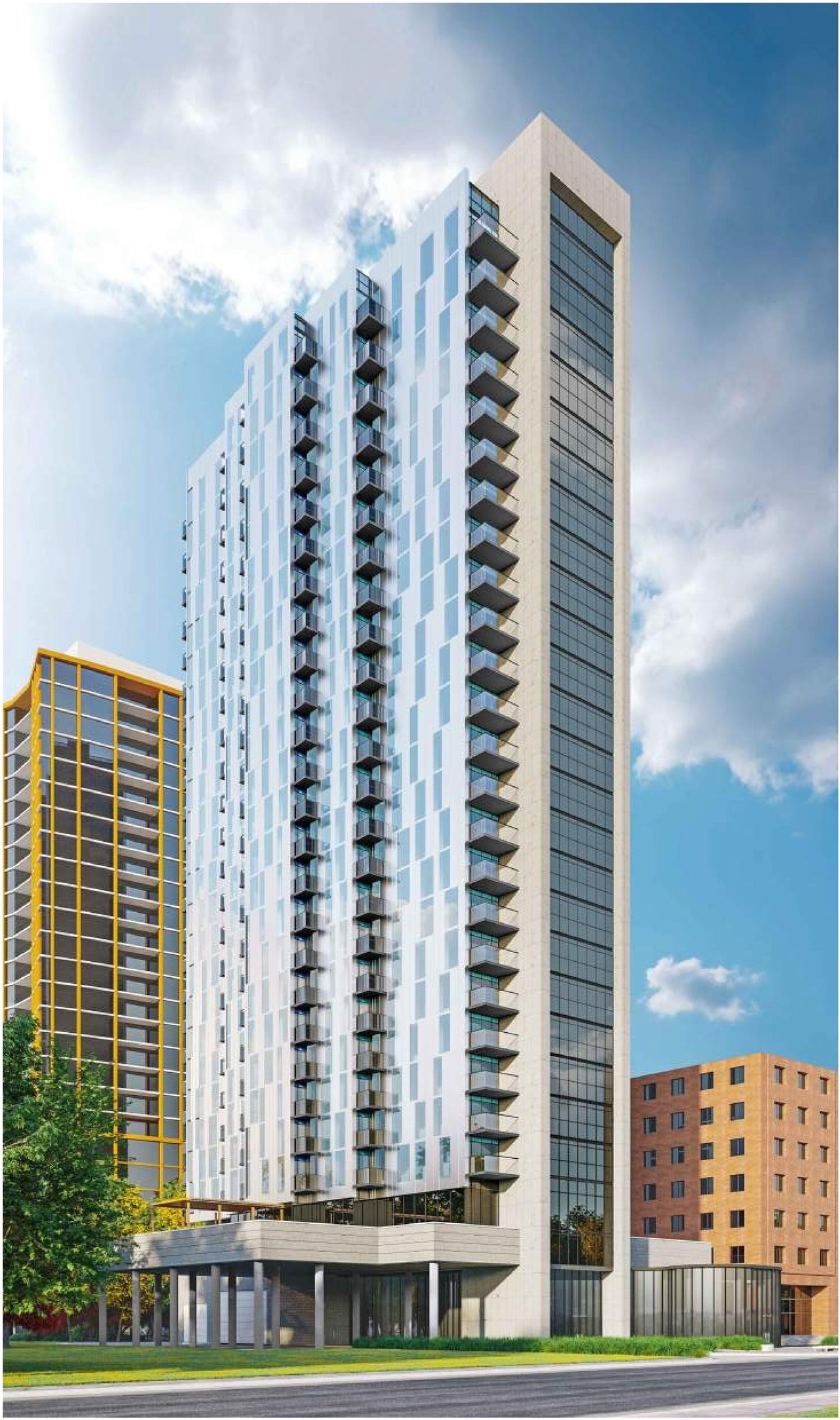 Rendering of building from page 28 of the file '2022-10-03 - Urban Design Brief - D07-12-21-0216'