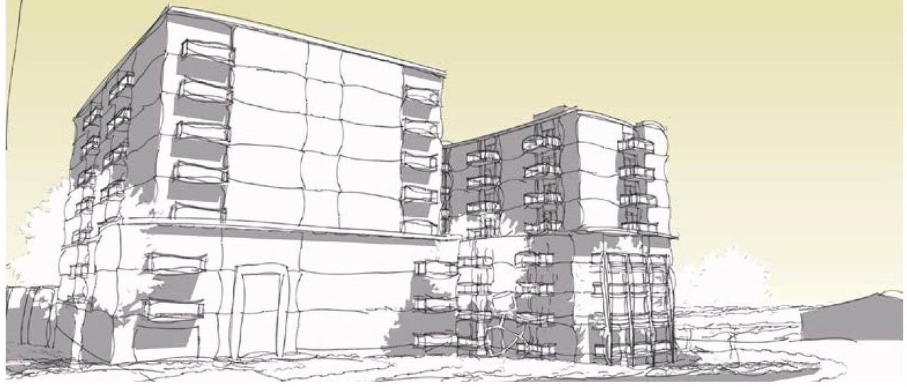 Rendering of building from page 12 of the file '2022-05-17 - Architectural Design Brief - D07-12-21-0229'