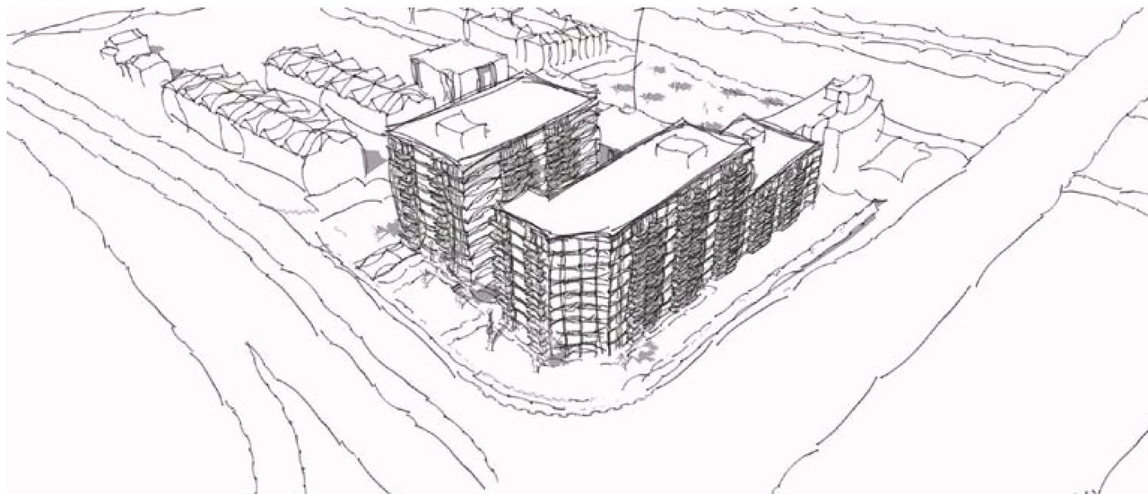 Rendering of building from page 12 of the file '2022-05-17 - Architectural Design Brief - D07-12-21-0229'