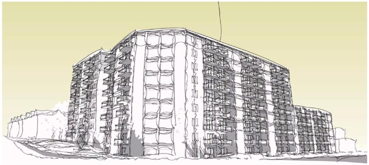 Rendering of building from page 12 of the file '2022-05-17 - Architectural Design Brief - D07-12-21-0229'
