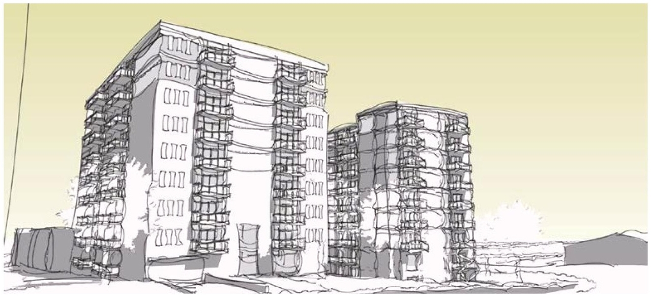 Rendering of building from page 12 of the file '2022-05-17 - Architectural Design Brief - D07-12-21-0229'
