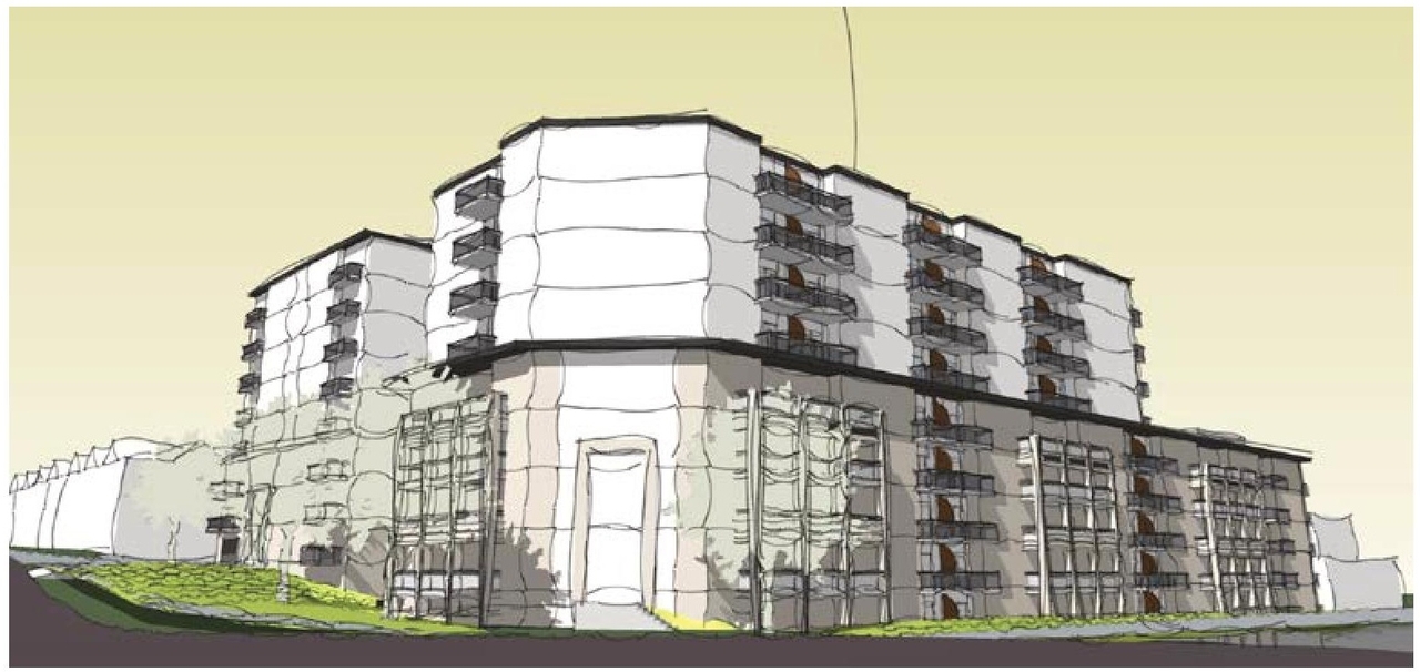 Rendering of building from page 12 of the file '2022-05-17 - Architectural Design Brief - D07-12-21-0229'
