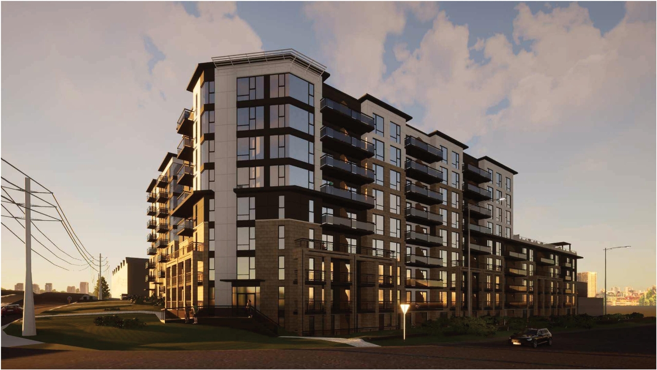 Rendering of building from page 18 of the file '2022-05-17 - Architectural Design Brief - D07-12-21-0229'