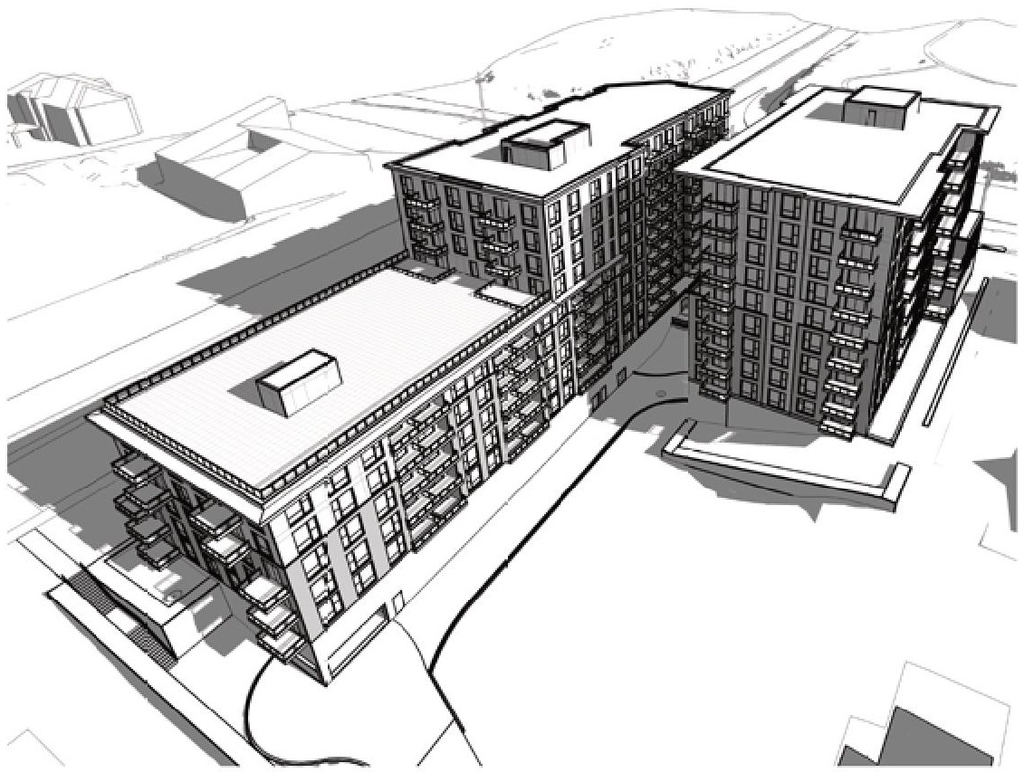 Rendering of building from page 23 of the file '2022-05-17 - Architectural Design Brief - D07-12-21-0229'