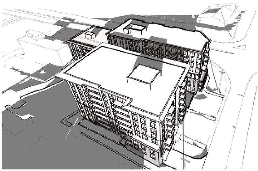 Rendering of building from page 23 of the file '2022-05-17 - Architectural Design Brief - D07-12-21-0229'