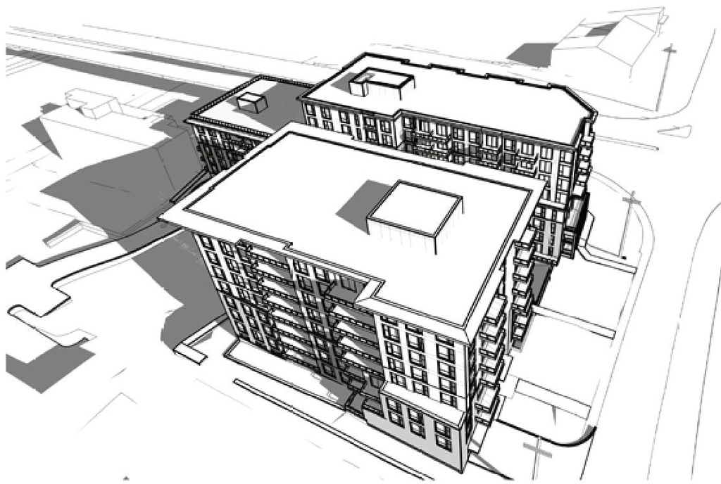 Rendering of building from page 23 of the file '2022-05-17 - Architectural Design Brief - D07-12-21-0229'