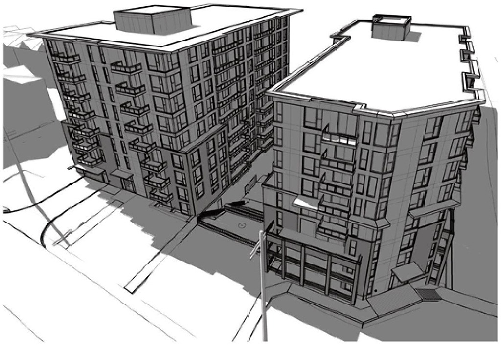 Rendering of building from page 23 of the file '2022-05-17 - Architectural Design Brief - D07-12-21-0229'