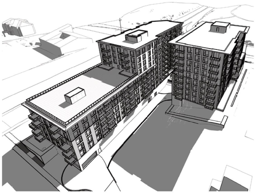 Rendering of building from page 23 of the file '2022-05-17 - Architectural Design Brief - D07-12-21-0229'