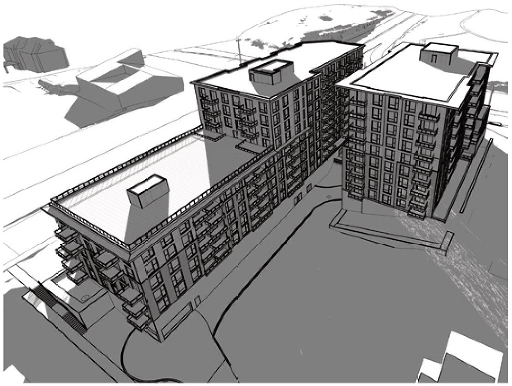 Rendering of building from page 23 of the file '2022-05-17 - Architectural Design Brief - D07-12-21-0229'