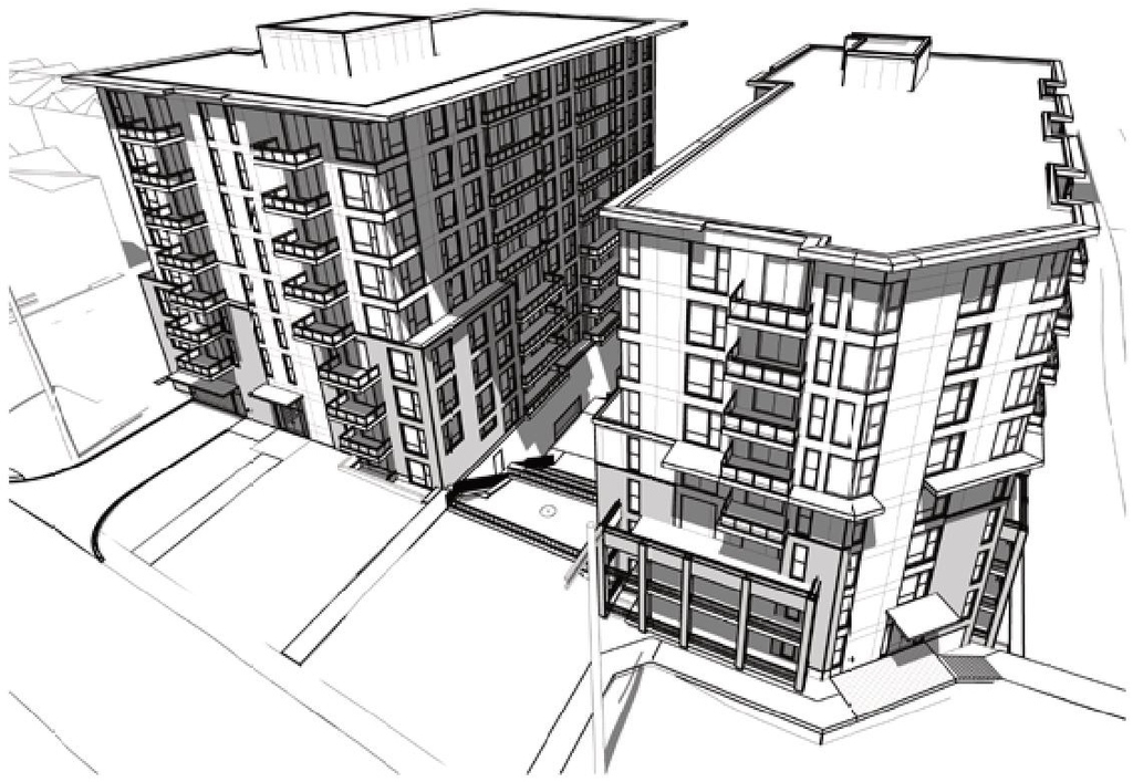 Rendering of building from page 23 of the file '2022-05-17 - Architectural Design Brief - D07-12-21-0229'
