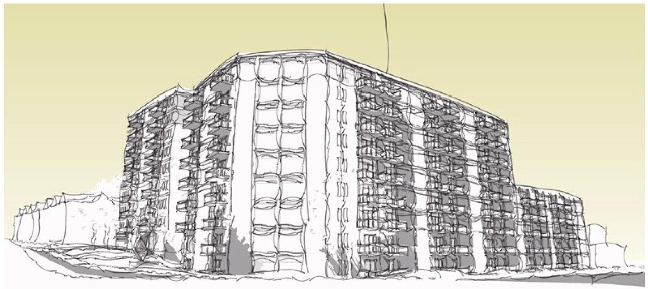 Rendering of building from page 12 of the file '2021-12-29 - Architectural Design Brief - D07-12-21-0229'