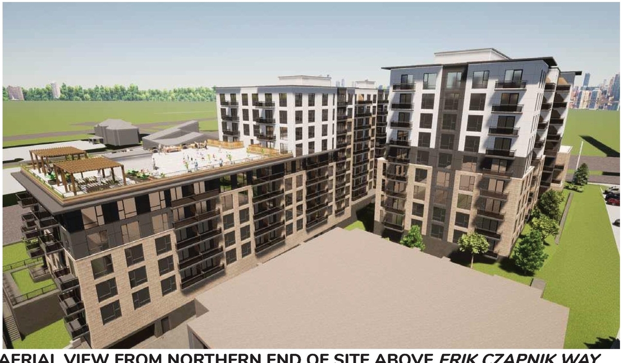 Rendering of building from page 19 of the file '2021-12-29 - Architectural Design Brief - D07-12-21-0229'