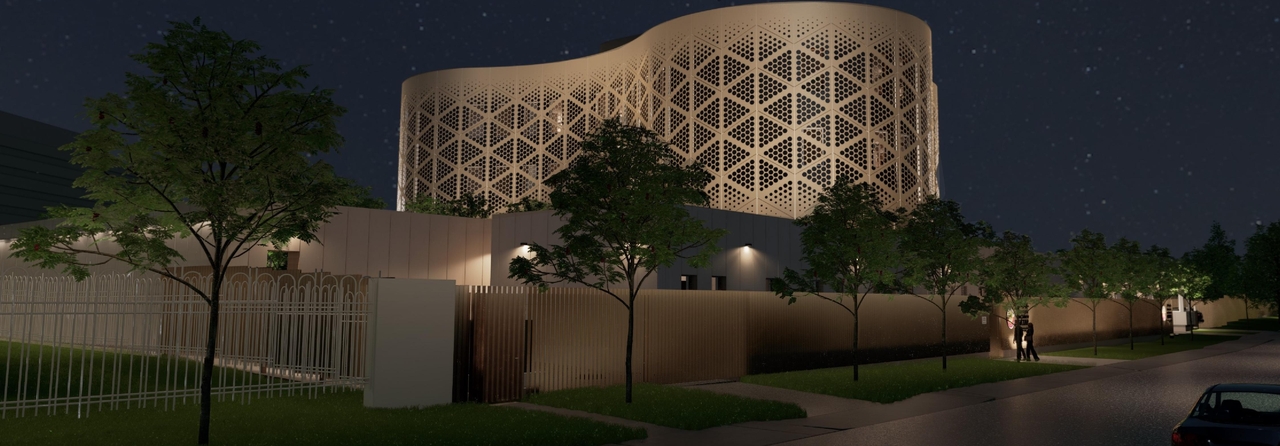 Rendering of building from page 3 of the file '2023-09-25 - Night Renderings - D07-12-22-0041'