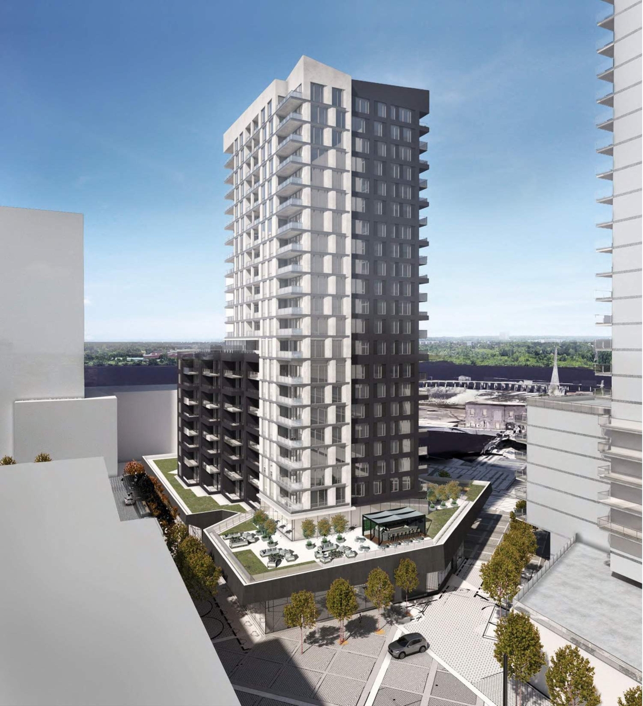 Rendering of building from page 49 of the file '2022-04-27 - Architectural Design Brief - D07-12-22-0071'
