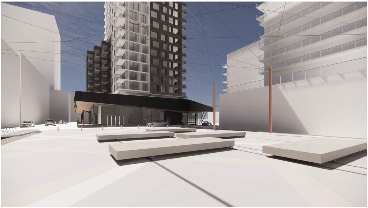 Rendering of building from page 53 of the file '2022-04-27 - Architectural Design Brief - D07-12-22-0071'
